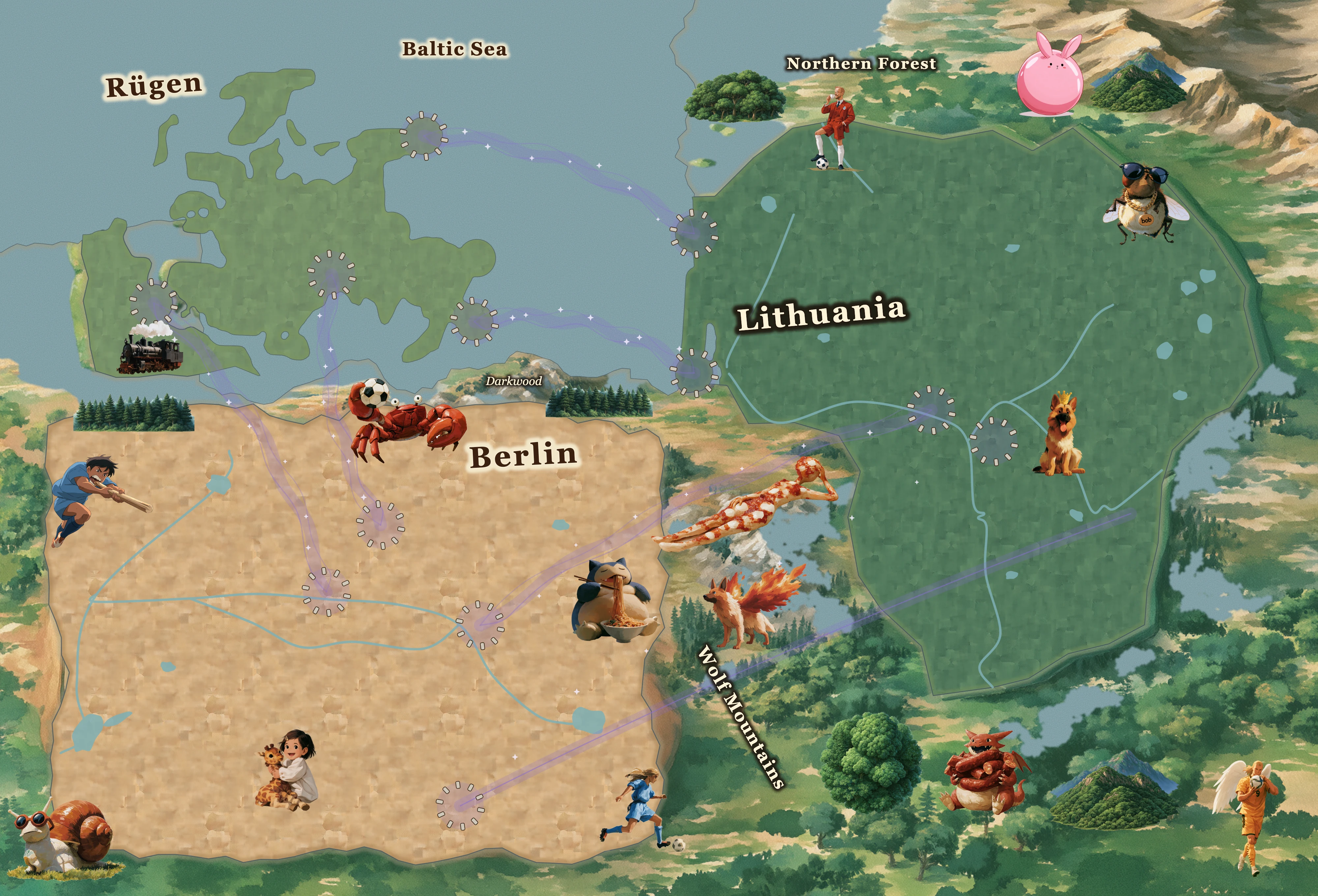 Illustrated map of Rügen, Berlin and Lithuania
